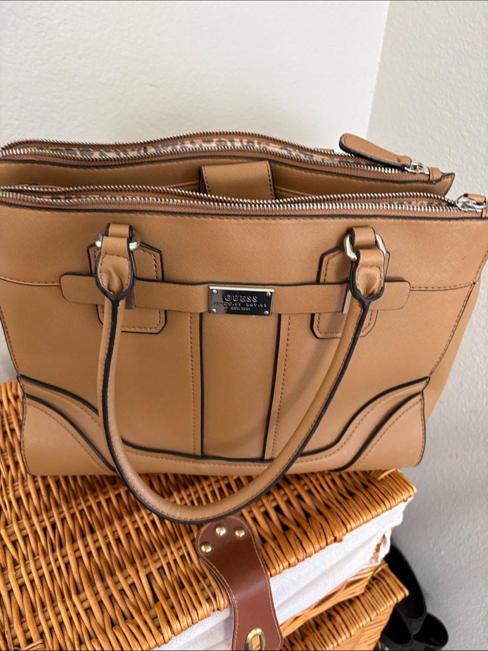 GUESS Tan Structured Satchel Tote
